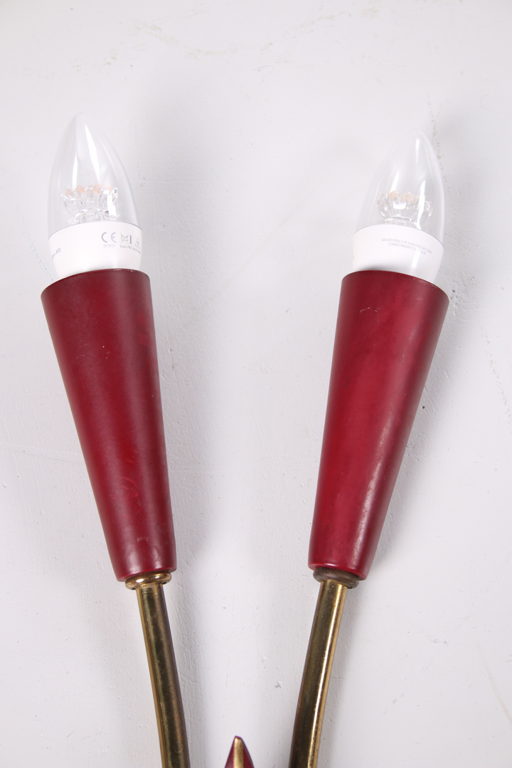 Set van twee rode Mid Century Franse wandlampen detail lampjes