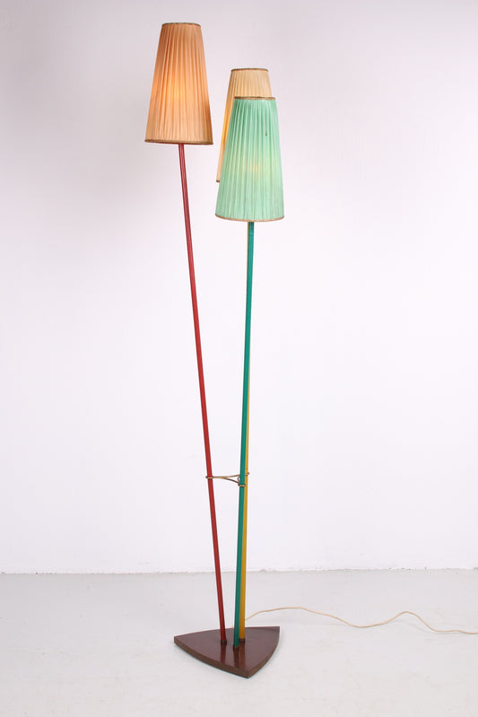 Vintage Driepoot Gekleurde Vloerlamp met Orginele stoffen kapjes 60's zijkant