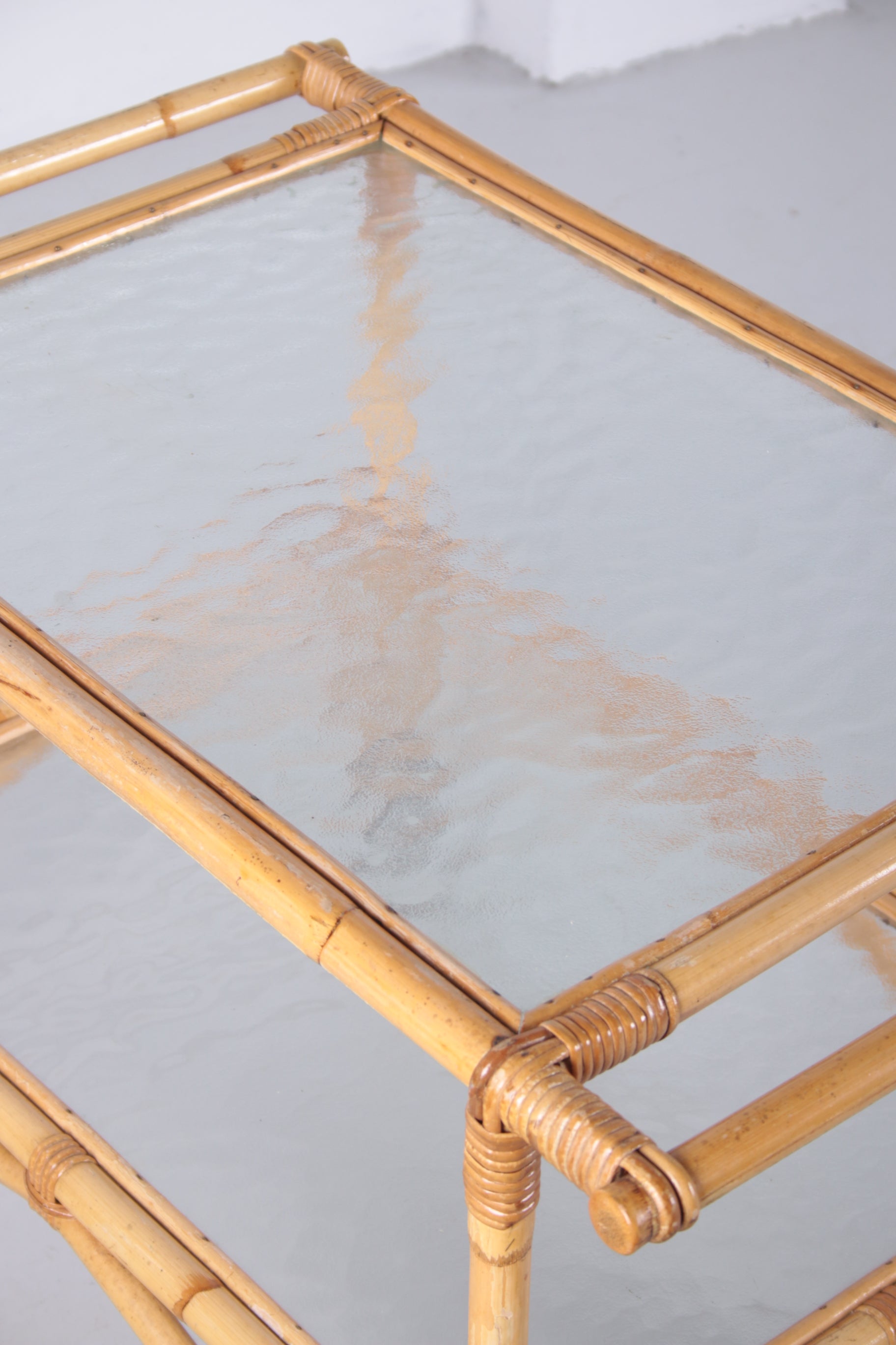 Vintage Bamboe Trolley en serveerwagen jaren60 blad boven bovenaf