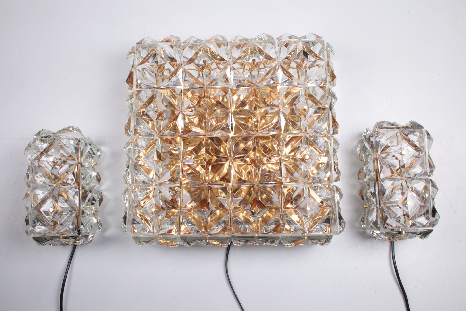 Large Gold-Plated & Crystal Glass Flush Mount Light from Kinkeldey, 1970s voorkant licht uit