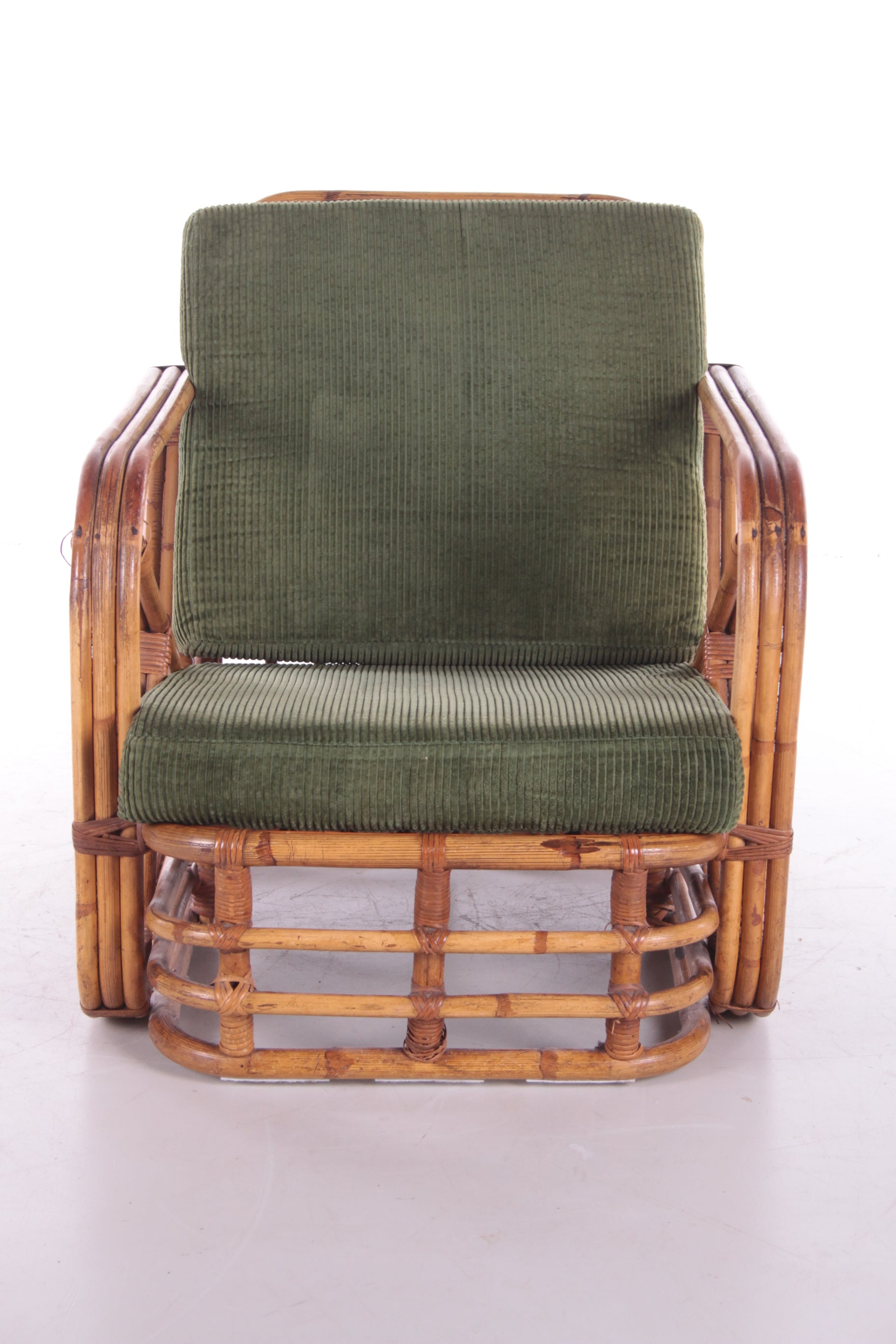 Vintage rotan bamboe lounge fauteuil Paul Frankl voorkant
