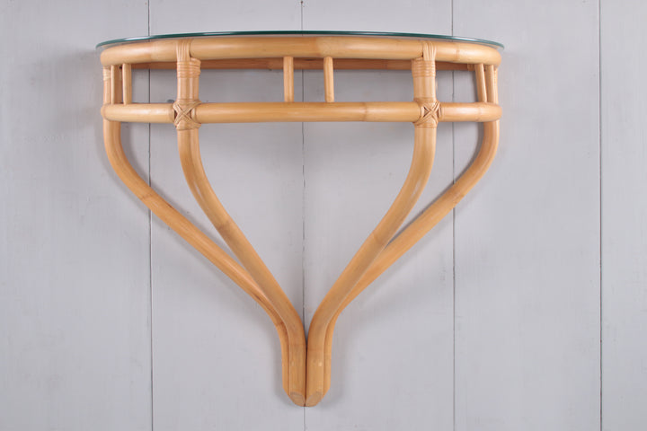 Bamboe side tafel met glasplaat voor aan de muur jaren60s voorkant