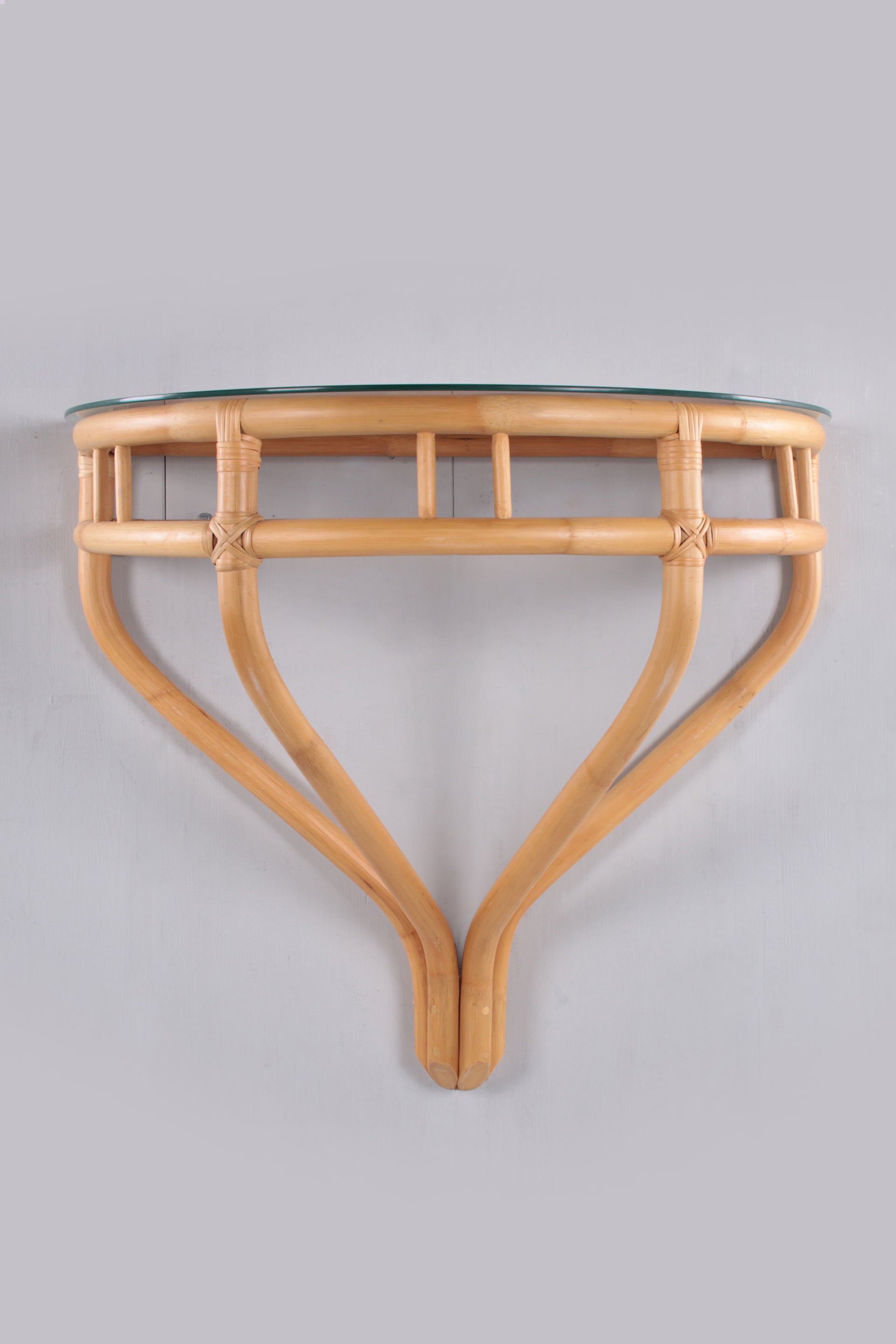 Vintage Bamboo Wall-Mounted Side Table with Glass Top