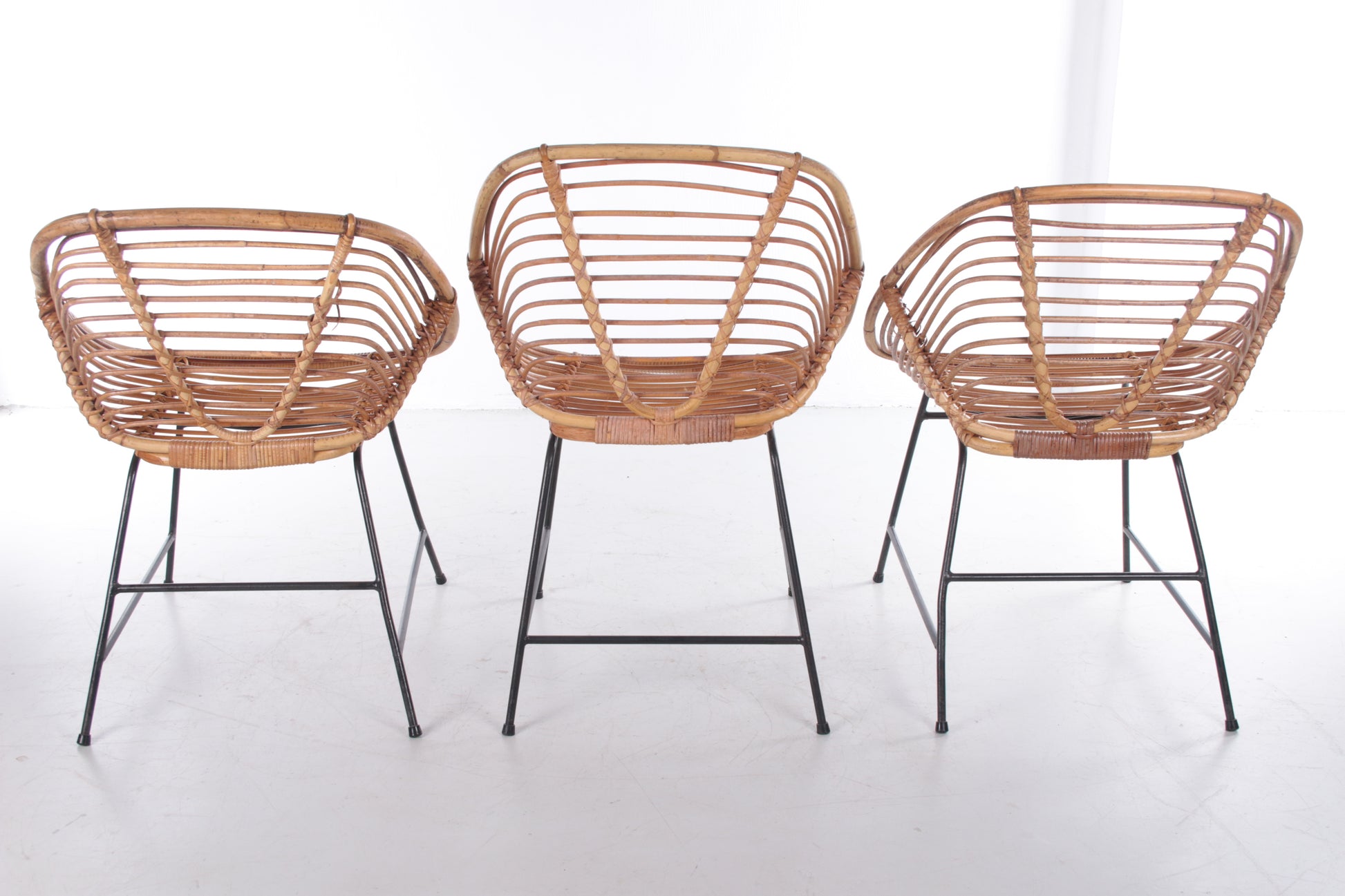 Vintage Bamboe Design stoel jaren60 Dirk van Sliedrecht Style,Set van 3 achterkant