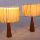 Set mooie Deense teak houten tafellampen met stoffen kap