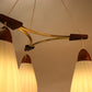 Deense Teakhouten hanglamp met geribbelde witte melk glazen kelken detail voorkant onderaf