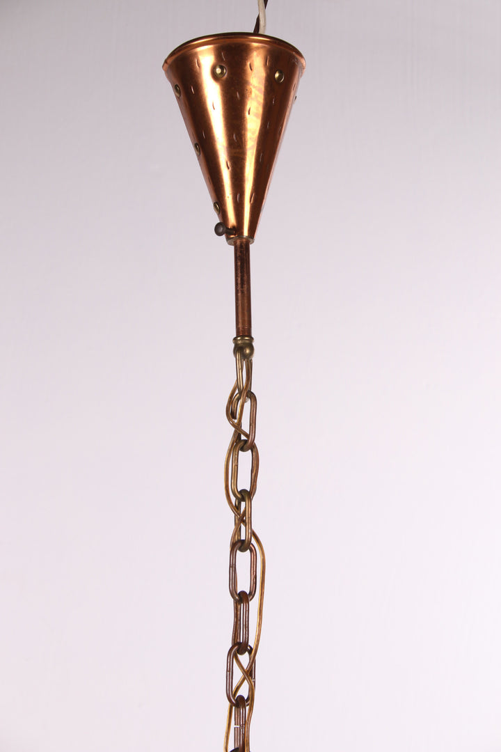 Deense met de hand gehamerde koperen hanglamp van E.S Horn Aalestrup, jaren 50 detail ketting