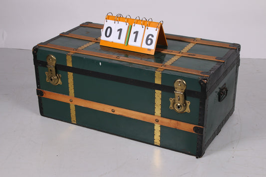 Green Vintage wooden travelling chest or blanket chest also nice as coffee table years 50s