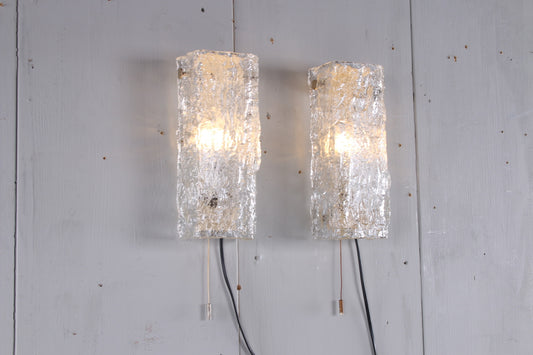 Set of German ice glass wall lamps from the seventies by Kaiser Leuchten