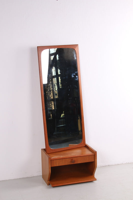 Teak houten Gang set spiegel met zwevend ladenkastje jaren60 voorkant