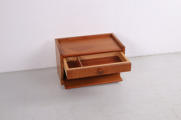 Teak houten Gang set spiegel met zwevend ladenkastje jaren60 voorkant kastje lade open