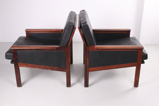 Set of pallisander and leather Capella armchairs by Illum Wikkelsø, 1958