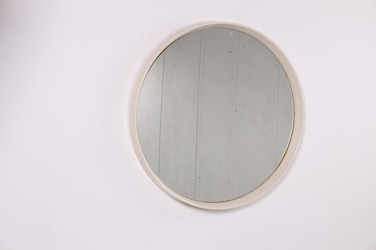 Vintage grote ronde spiegel met witte rand jaren60 voorkant