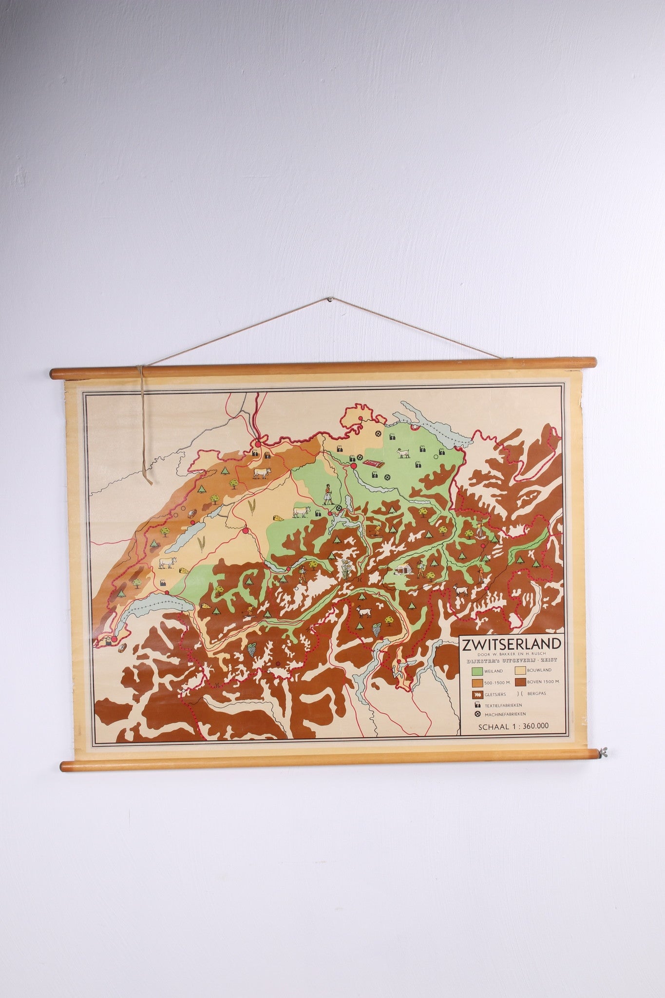Vintage landkaart op linnen Zwitserland jaren60s voorkant