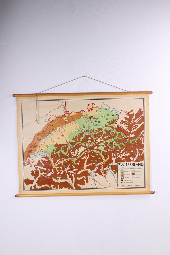 Vintage landkaart op linnen Zwitserland jaren60s voorkant