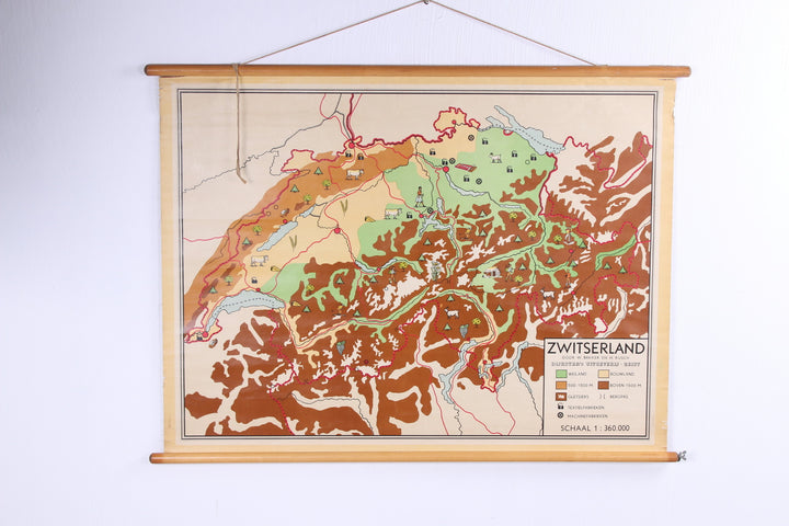 Vintage landkaart op linnen Zwitserland jaren60s voorkant