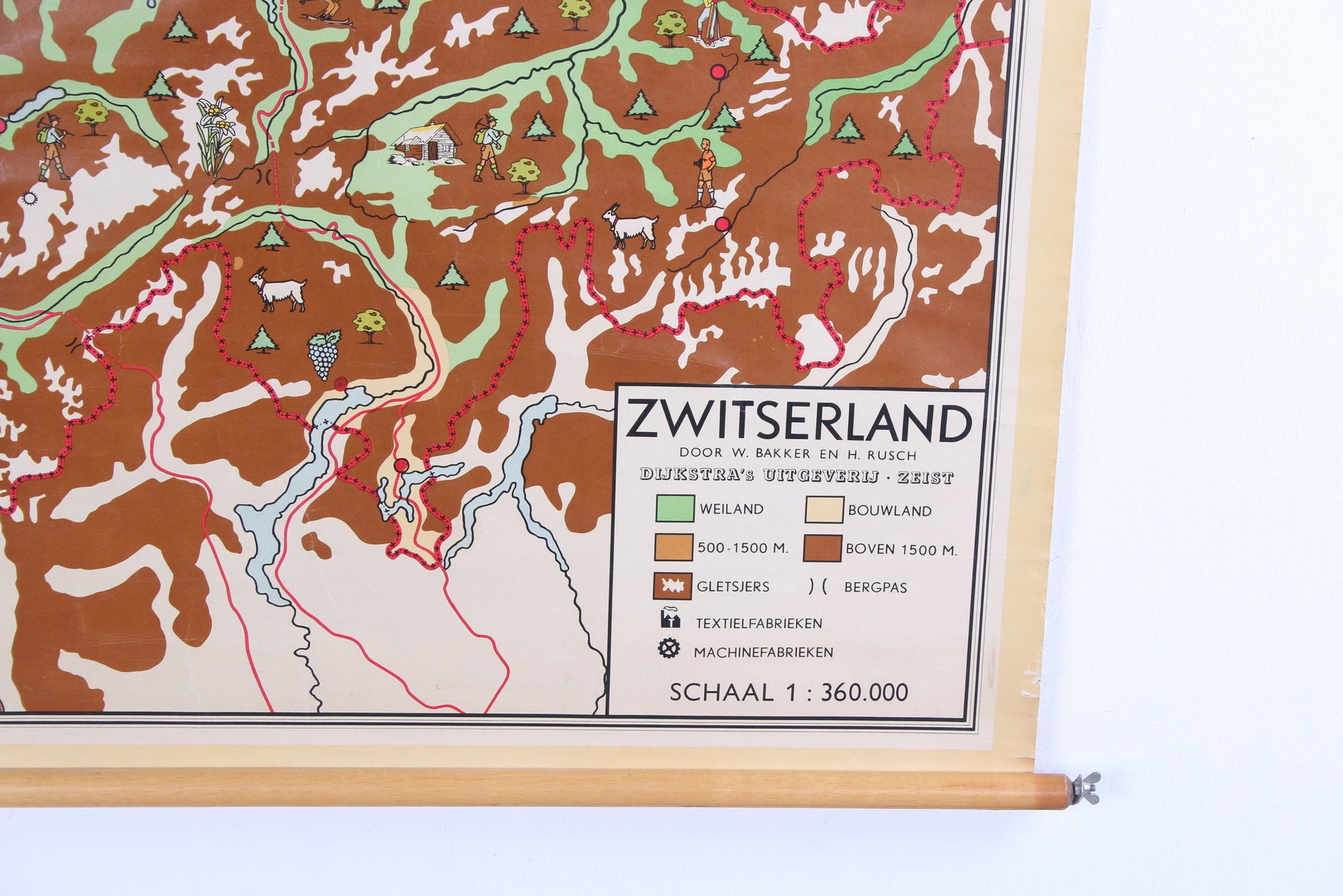 Vintage landkaart op linnen Zwitserland jaren60s detail onder